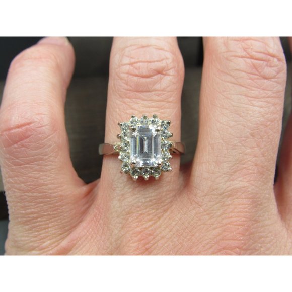 Size 7.75 Sterling Silver Tarnished Face Emerald Cut CZ Halo Band Ring - Picture 4 of 9